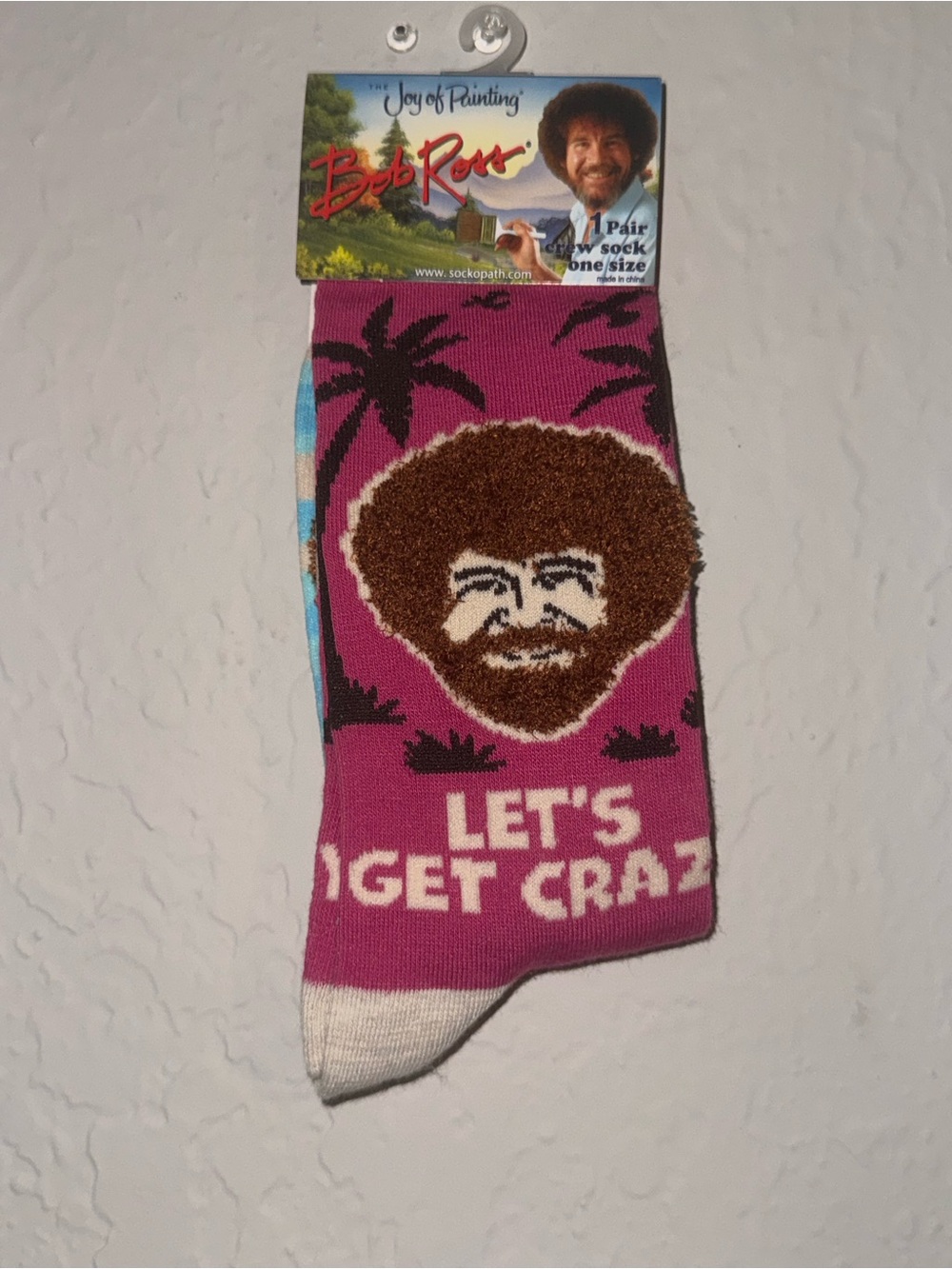 Bob Ross “Let’s Get Crazy” Fuzzy Hair Crew Socks Pink NWT